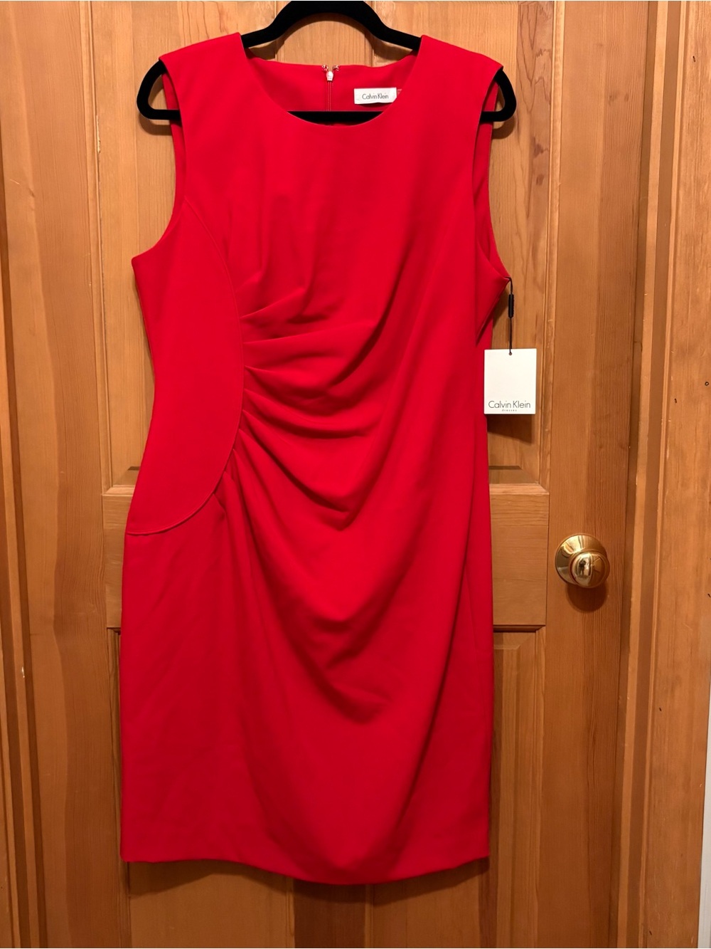 Calvin Klein NEW Sleeveless Red Ruched Sheath Cocktail Work Dress Size 14